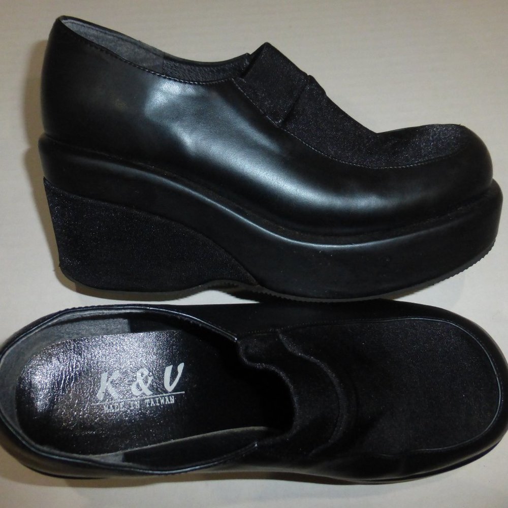 K & V Black Stretchy Slip-on Wedge Platform Wedge